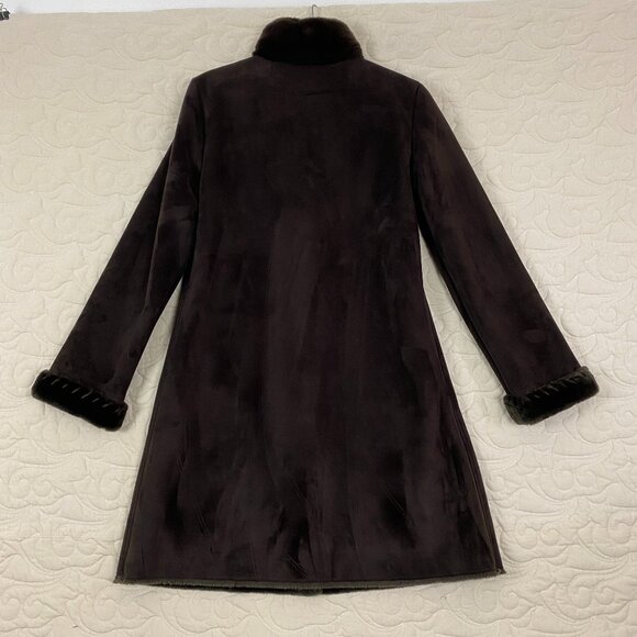 Dana Buchman Fur Lined Pea Coat Size Medium Chocolate Brown Faux Suede - Picture 3 of 12